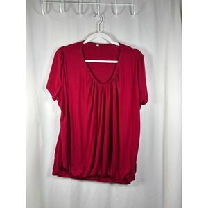 Womens Red Short Sleeve Pleated Scoop Neck Banded Bubble Hem Blouse Top XL